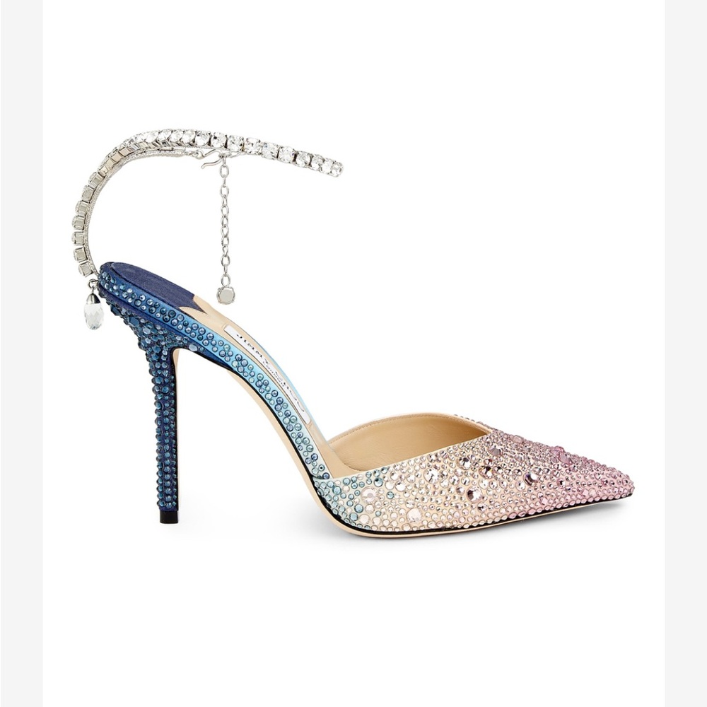 Jimmy Choo Saeda 100  Gold Satin Pumps Sunrise Mix Crystals  | Size 36 | NEW